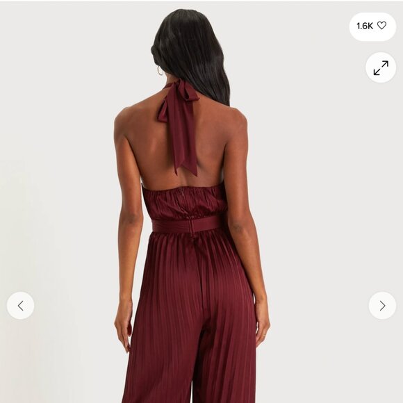 Lulus Confident Impression Burgundy Satin Pleated Halter Jumpsuit Red Size S, M - Picture 2 of 4